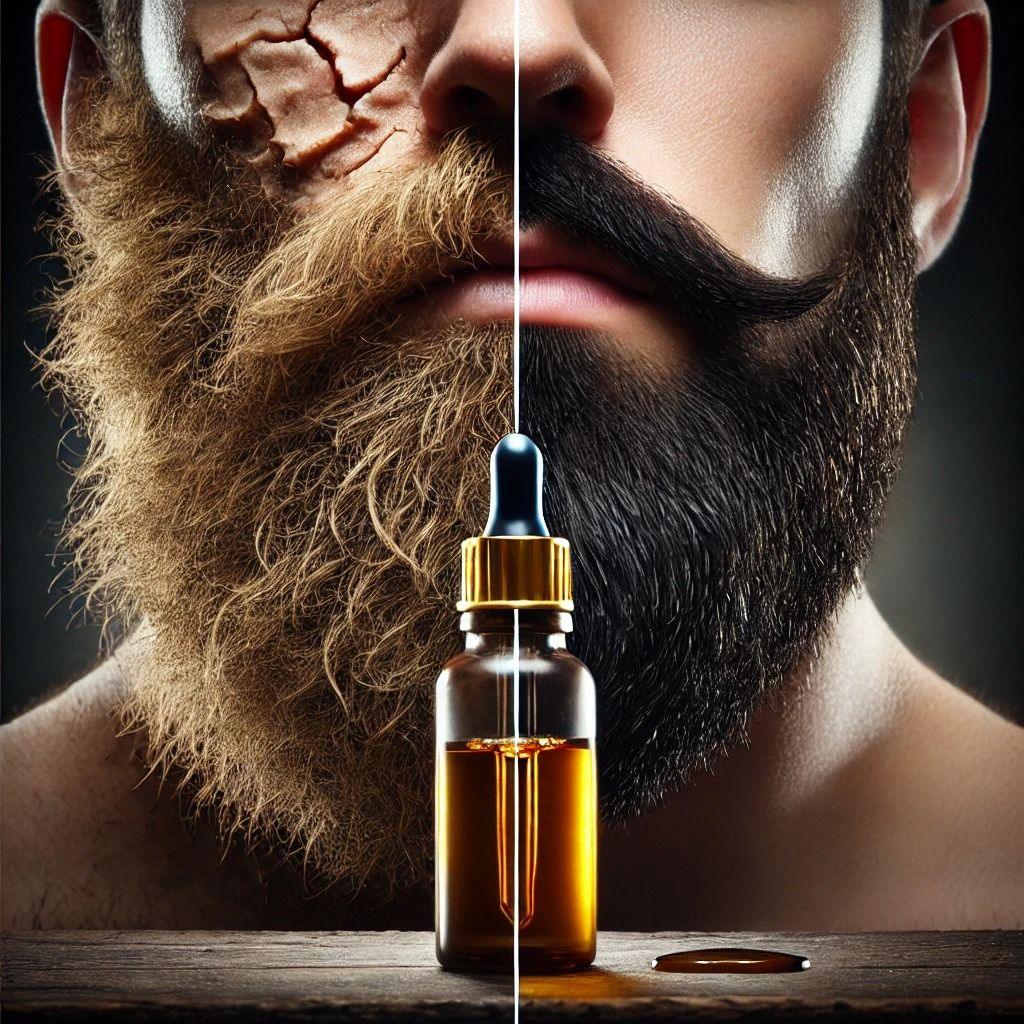 Close-up split view of dry vs. healthy beard, beard oil dropper bottle in foreground
