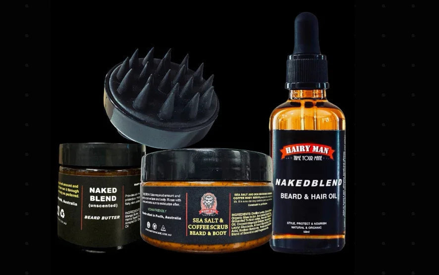 Hairy Man Care anti-beardruff kit with beard oil, beard butter, sea salt coffee scrub, and brush.