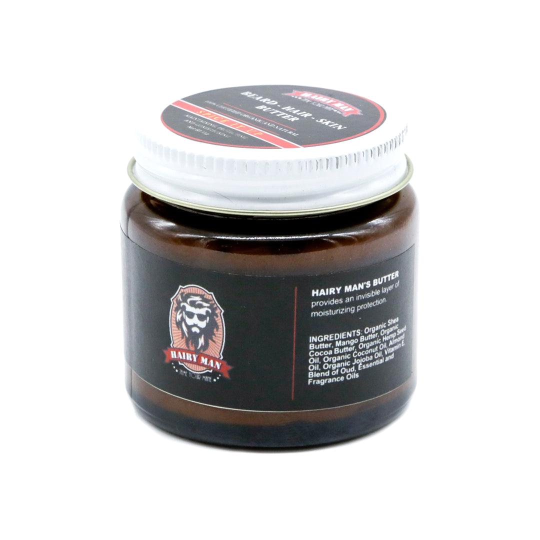 Brown jar of beard hair and skin butter with white lid and ingredient list on label