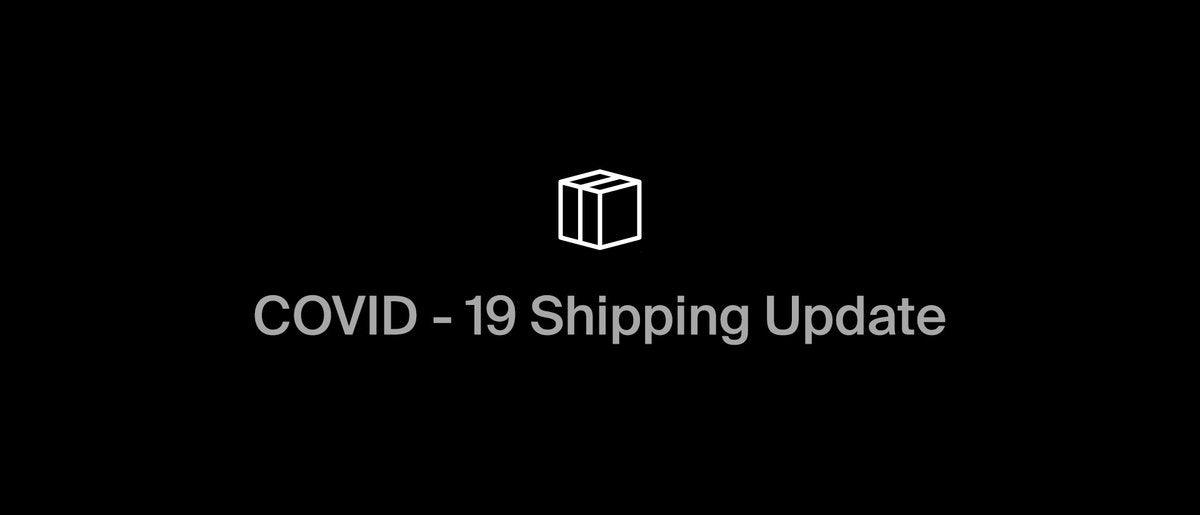 COVID-19 shipping update message with package icon on black background