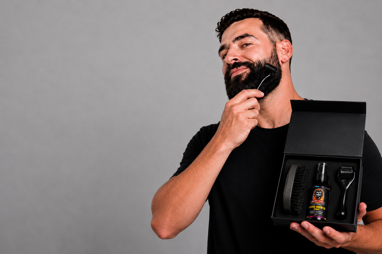 Australian made beard growth kit with dermaroller, beard growth serum and grooming tools to support fuller beard growth naturally.