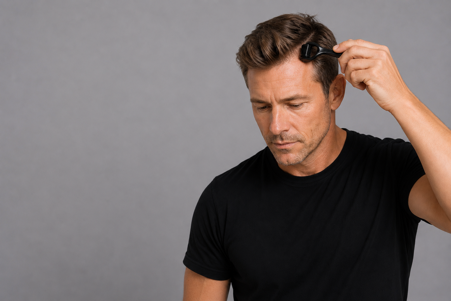 Hair growth kit featuring natural hair growth serum and dermaroller to promote thicker, healthier-looking hair.