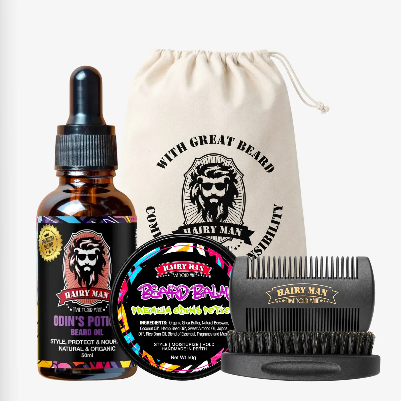 Beard care kit with oil, balm, comb, and brush for styling and nourishing beards naturally