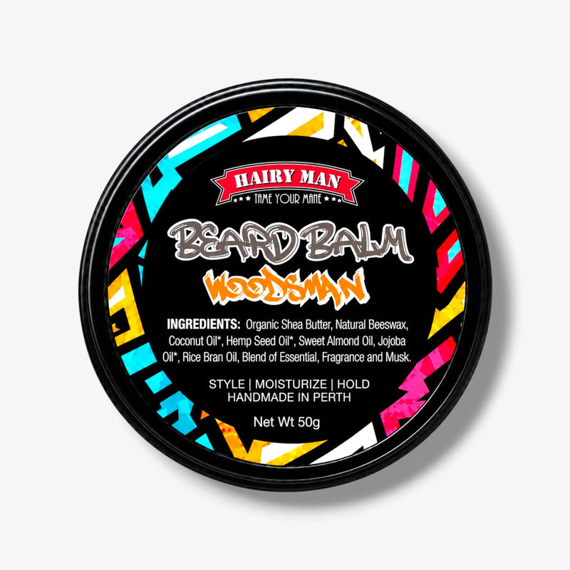 Hairy Man Woodsman Beard Balm - 50g, handmade in Perth, for styling, moisturizing & holding beards with natural ingredients.
