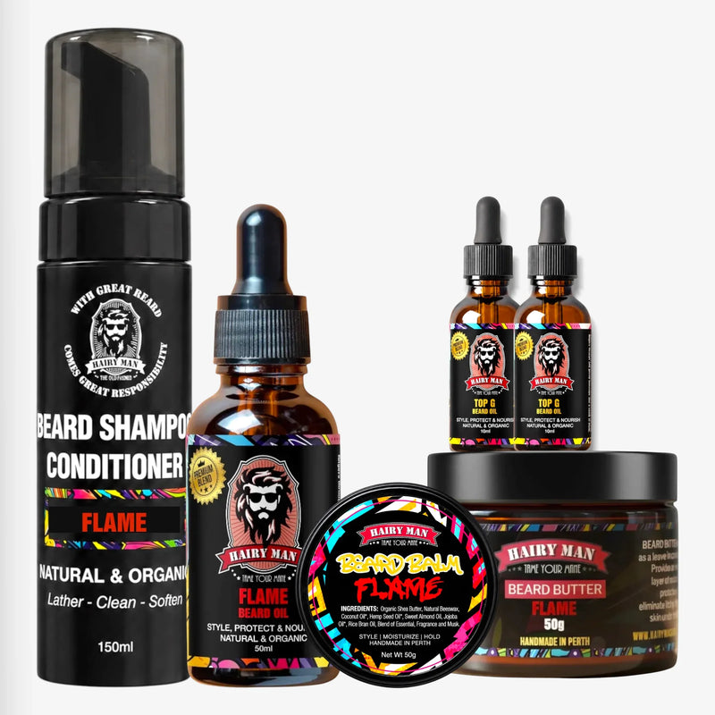 Hairy Man beard care set with shampoo, oil, balm, and butter for natural grooming