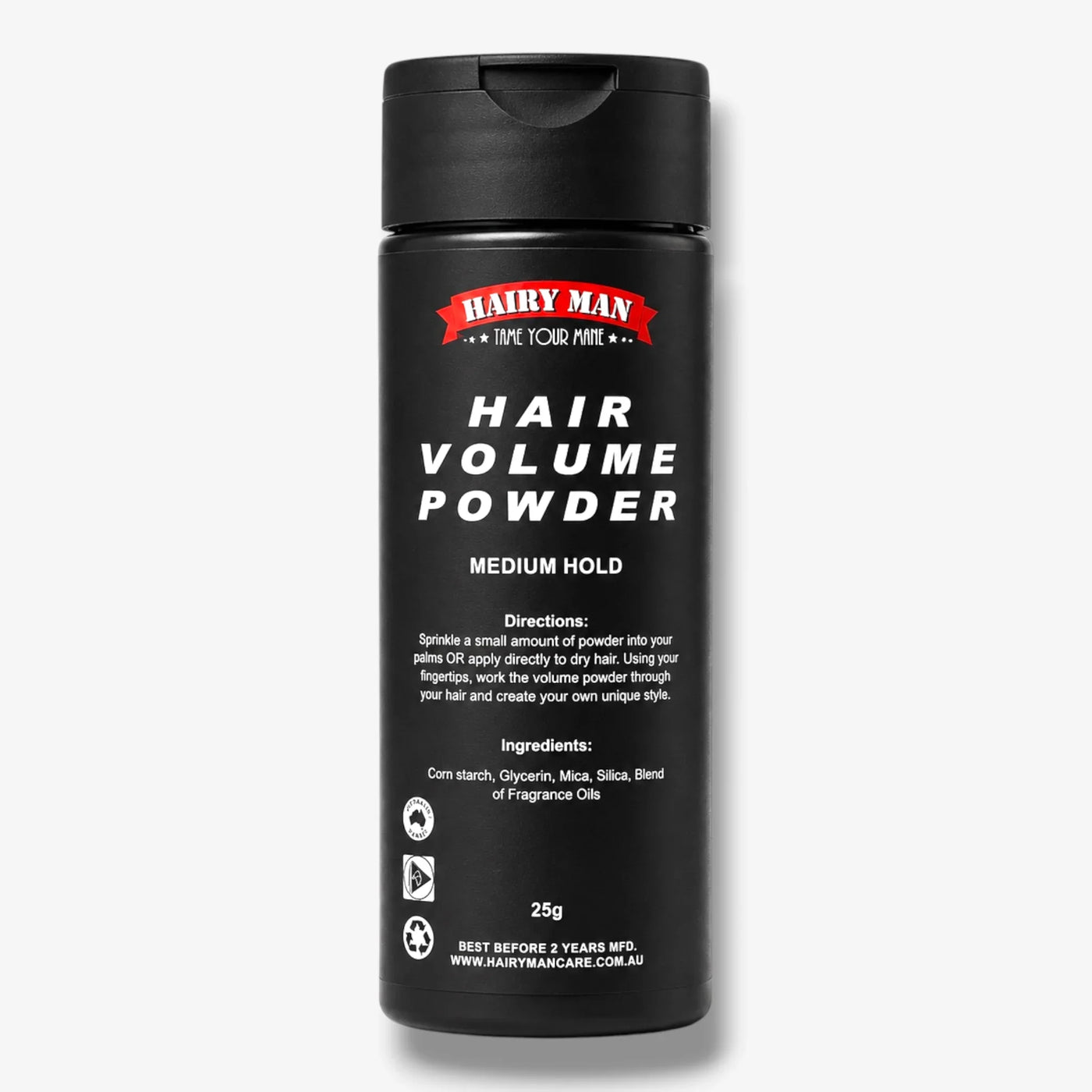 Hairy Man Hair Volume Powder for medium hold, 25g bottle with natural ingredients, handmade in Australia