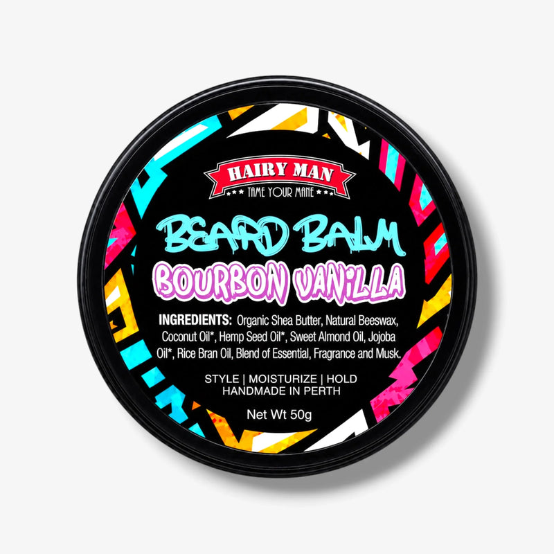 Bourbon Vanilla Beard Balm for styling, moisturizing, and holding beards with natural ingredients, handmade in Perth.