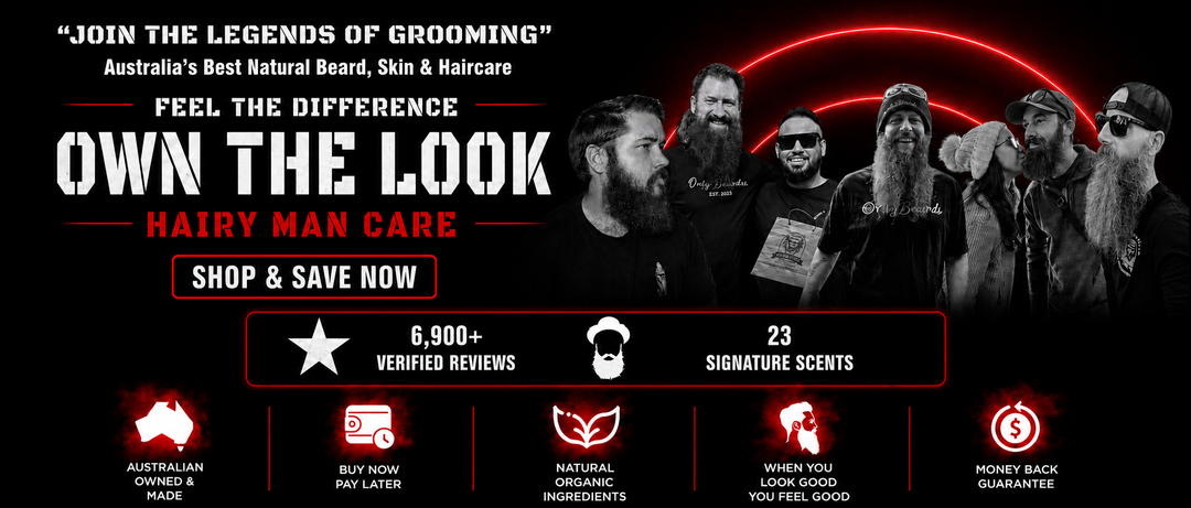 Advertisement for Hairy Man Care with bearded men and promotional text on a dark background
