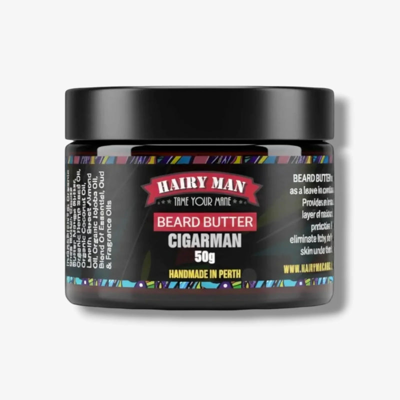 Hairy Man Cigarman Beard Butter 50g, handmade in Perth, tames and conditions beards with natural oils.