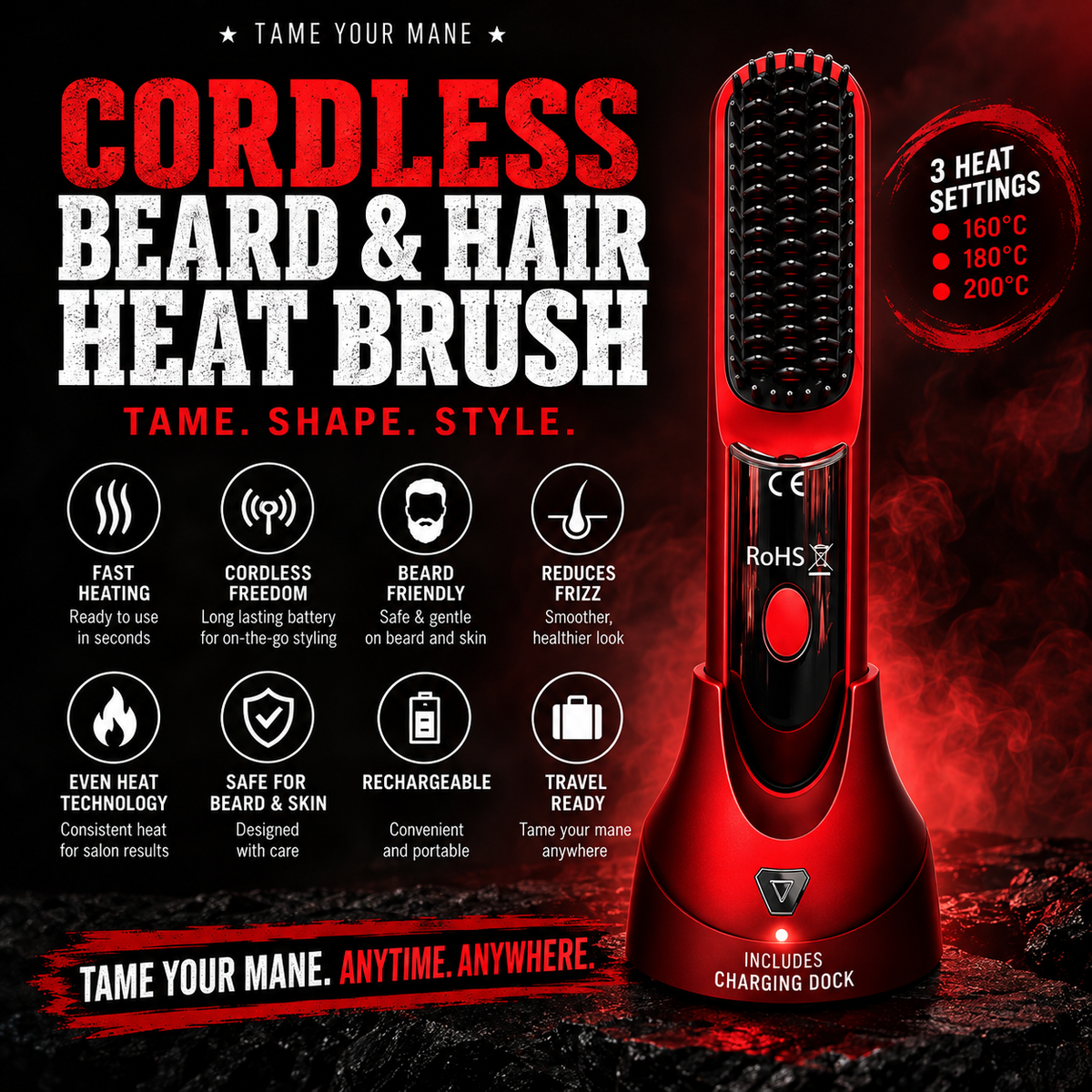 Red cordless beard and hair heat brush with a charging dock, shown on a dark red and black promotional background with large text and feature icons.