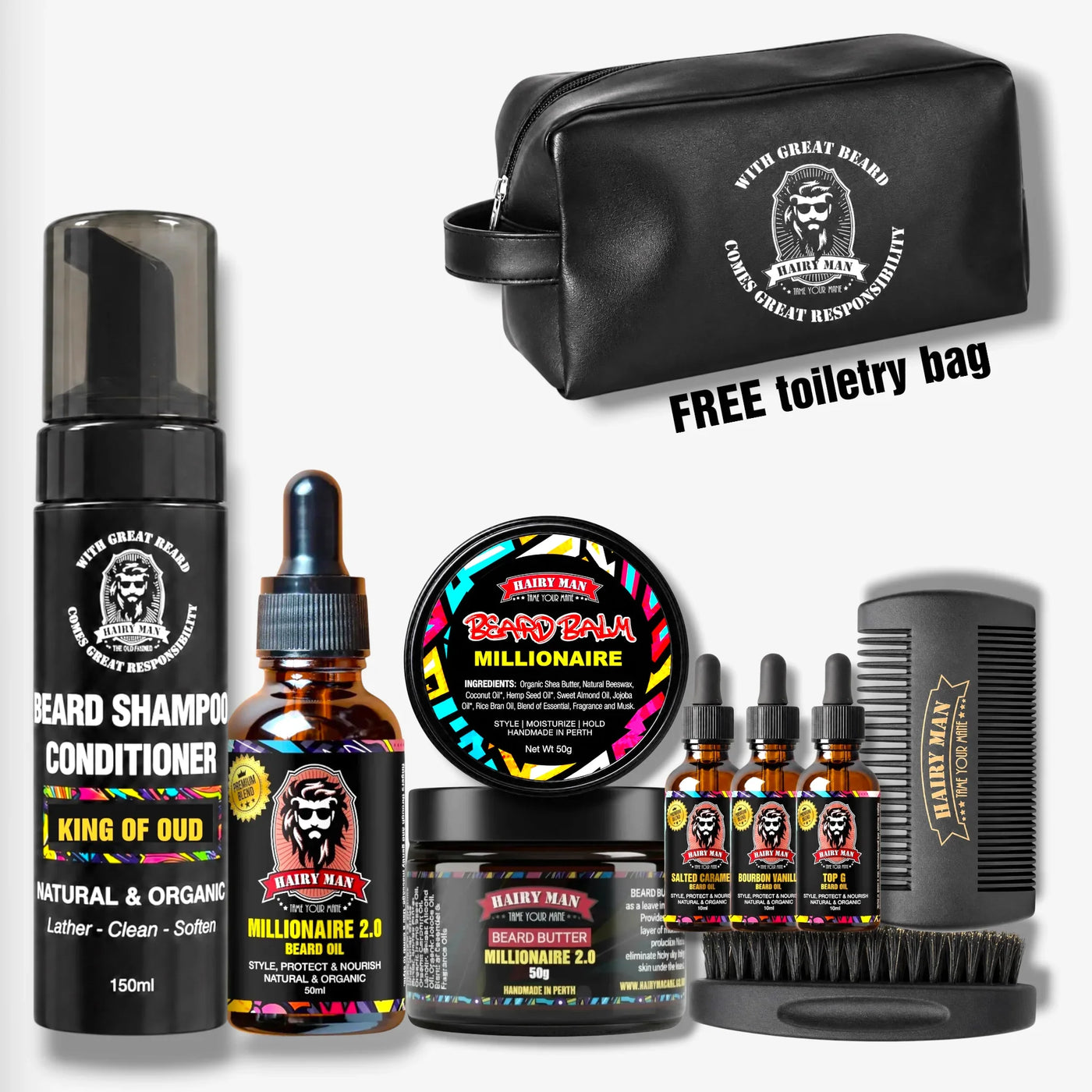 Hairy Man beard care kit with shampoo, oil, balm, butter, comb, brush & free toiletry bag. Natural, organic, handmade.