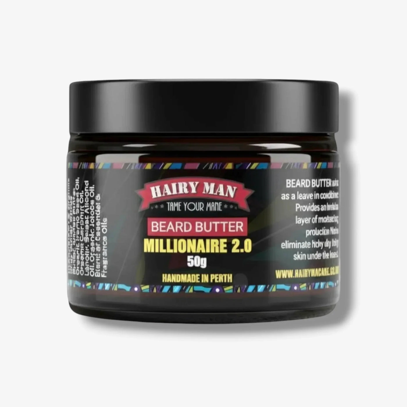Hairy Man Beard Butter Millionaire 2.0, 50g, handmade in Perth for taming beards with natural ingredients.