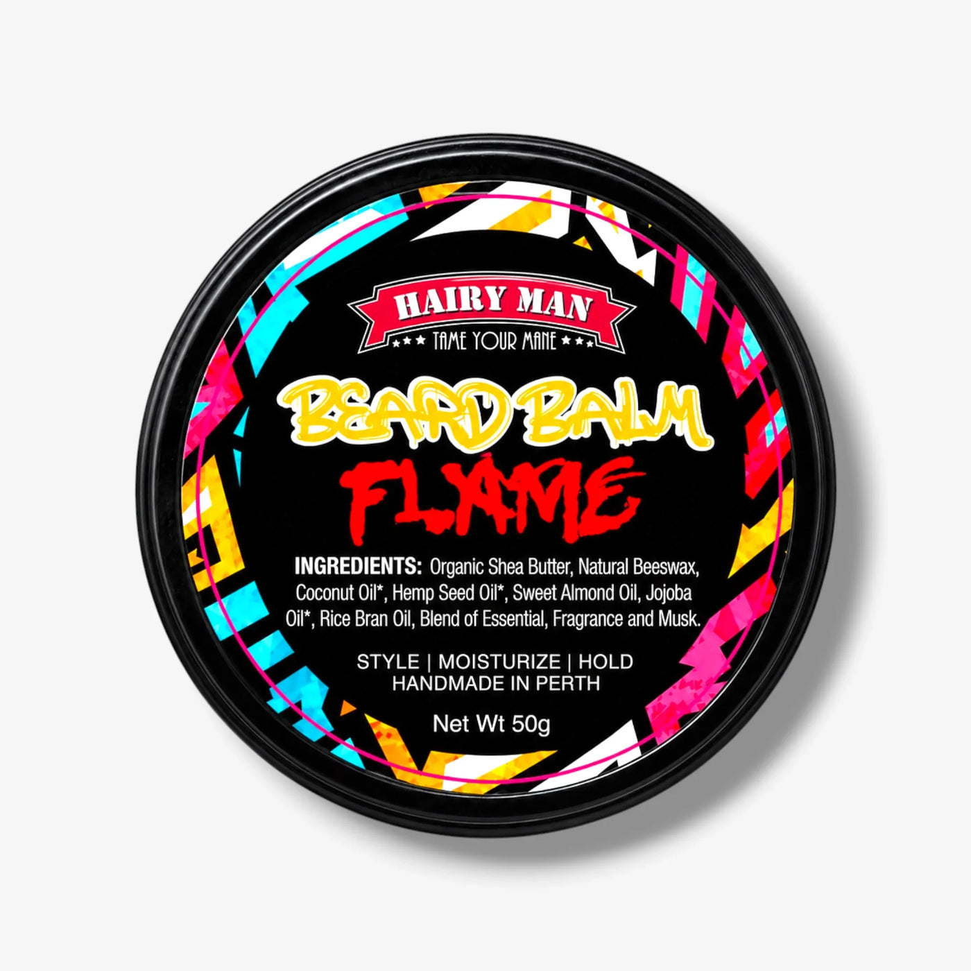 Hairy Man Flame Beard Balm for styling, moisturizing, and holding beards with natural ingredients, handmade in Perth.