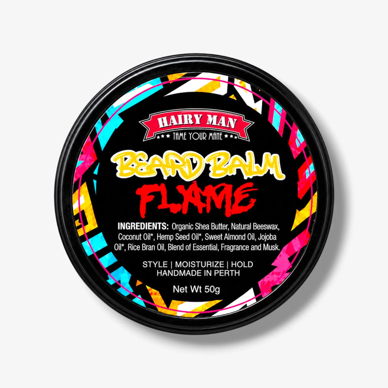 Hairy Man Flame Beard Balm for styling, moisturizing, and holding beards with natural ingredients, handmade in Perth.