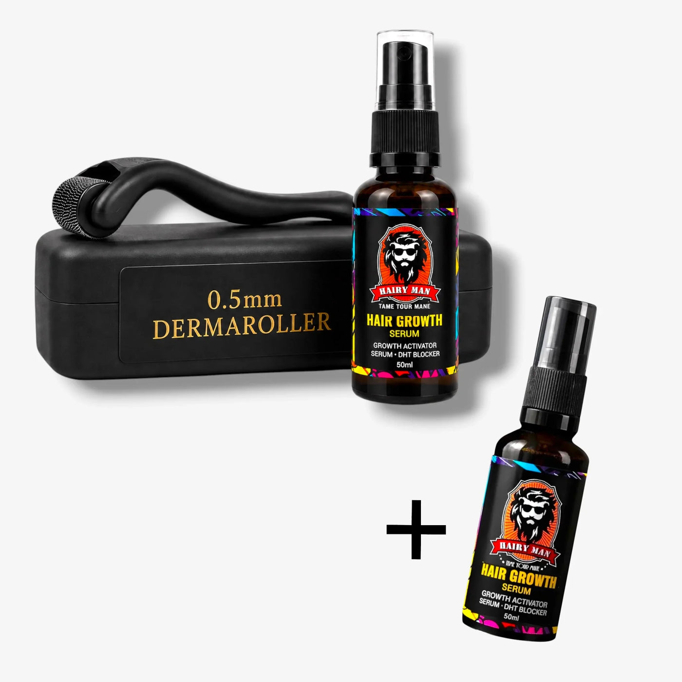 0.5mm dermaroller with hair growth serum for beard care, featuring growth activator and DHT blocker