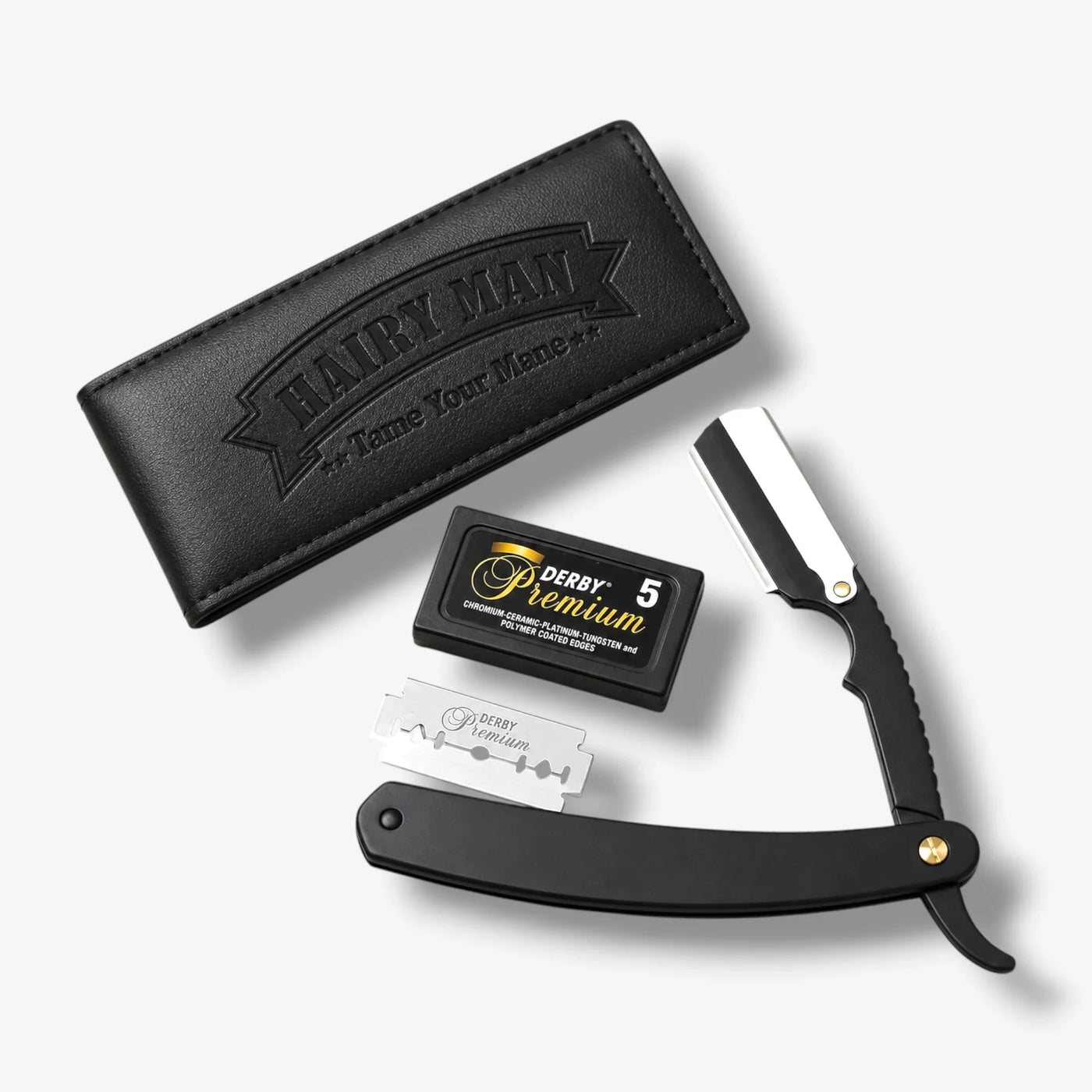 Hairy Man straight razor kit with Derby Premium blades and leather case for beard grooming