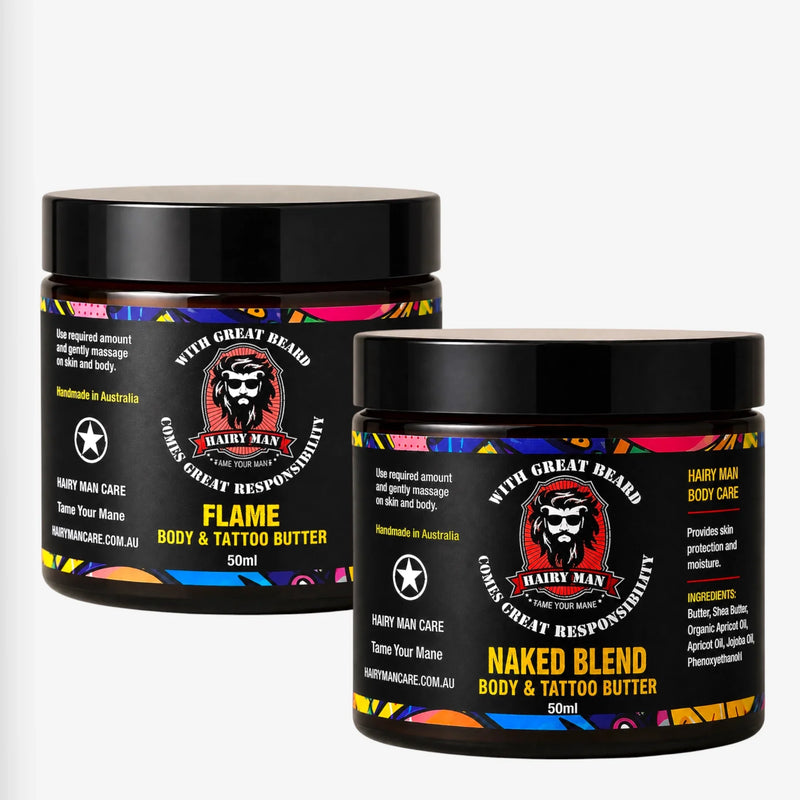 Flame and Naked Blend Body & Tattoo Butter jars, handmade in Australia for beard and skin care.