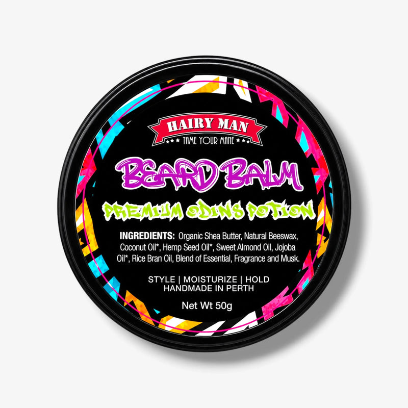 Hairy Man Beard Balm Premium Odins Potion, handmade in Perth, moisturizes and styles beards with natural ingredients.