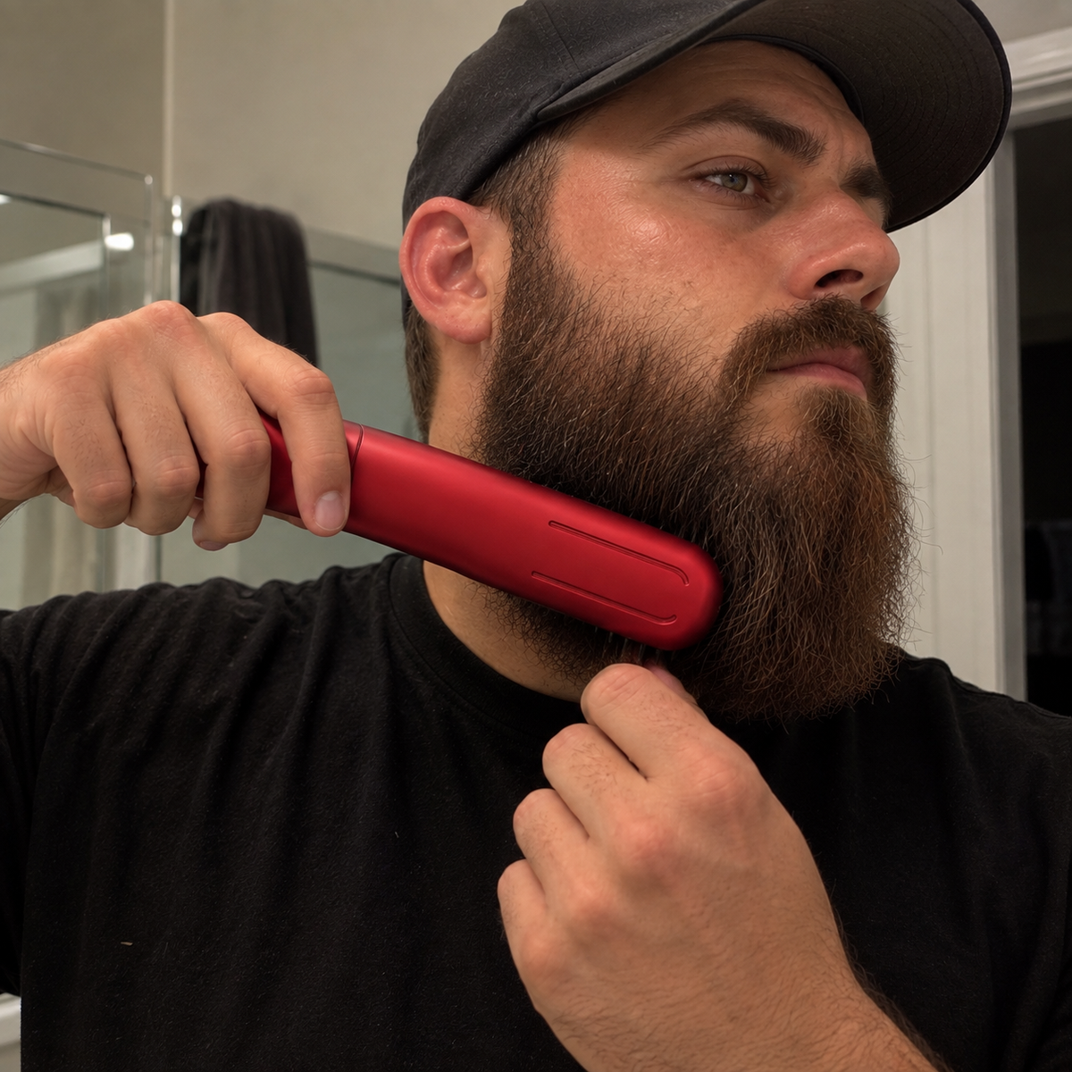 A man with a full brown beard wearing a black cap and black t-shirt uses a red beard heat brush in a bathroom setting.