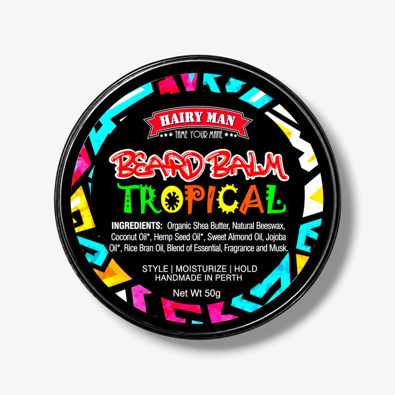 Tropical Beard Balm by Hairy Man - style, moisturize & hold. Handmade in Perth with natural ingredients.
