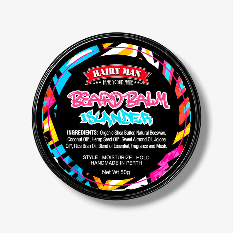 Hairy Man Islander Beard Balm for styling, moisturizing, and holding beards with natural ingredients, handmade in Perth.