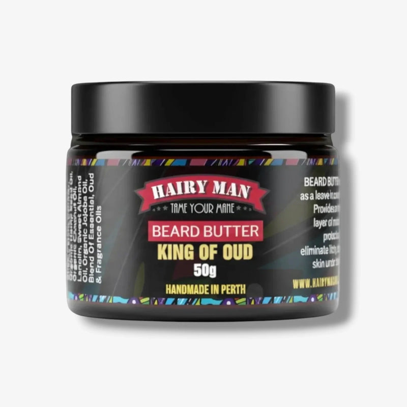 Hairy Man King of Oud Beard Butter, 50g, handmade in Perth, for taming and conditioning beards with natural oils.