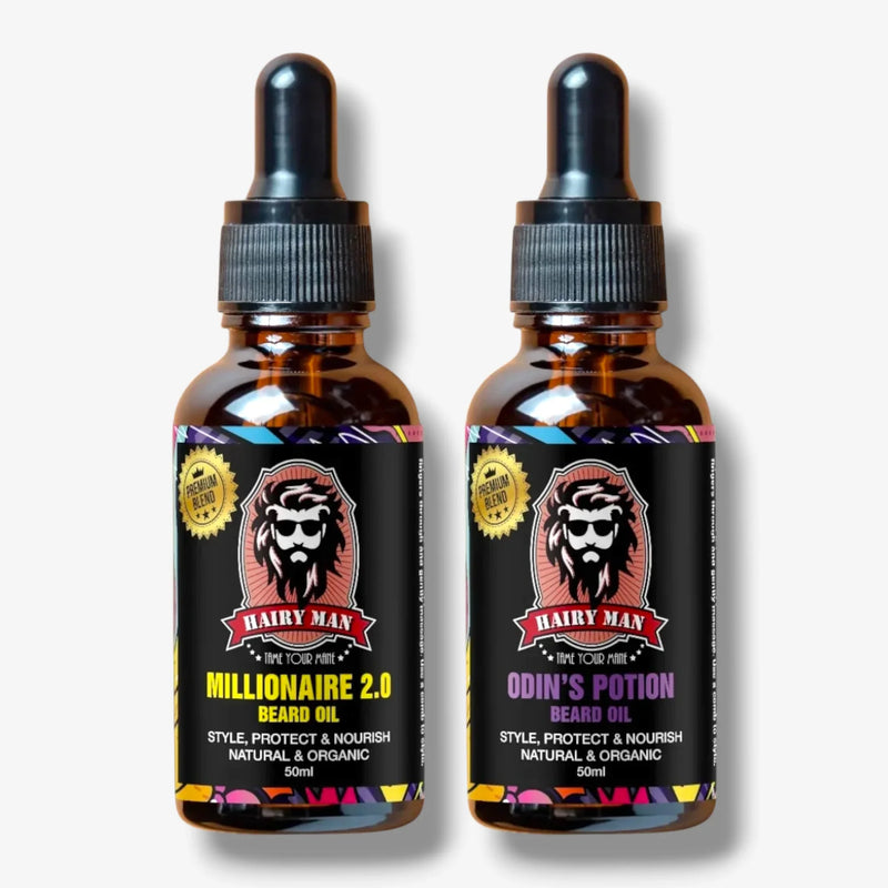 Two bottles of Hairy Man beard oil: Millionaire 2.0 and Odin's Potion, natural & organic, 50ml each