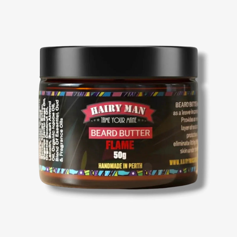 Hairy Man Flame Beard Butter 50g, handmade in Perth, natural ingredients for beard care