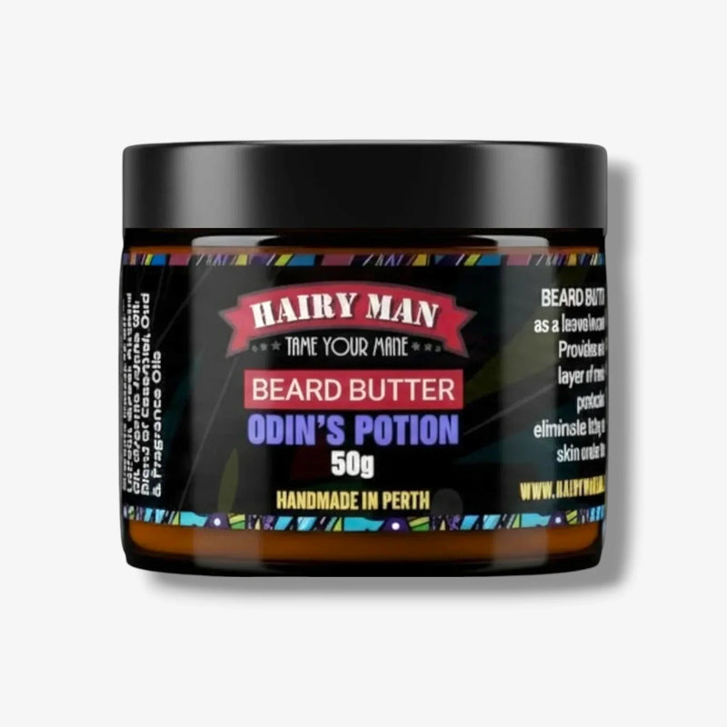 Hairy Man Odin's Potion Beard Butter, 50g, handmade in Perth for taming beards with natural ingredients.