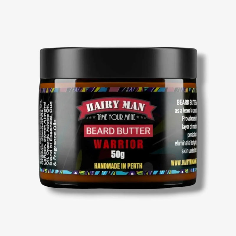 Hairy Man Warrior Beard Butter 50g, handmade in Perth, tames and conditions beards with natural oils.