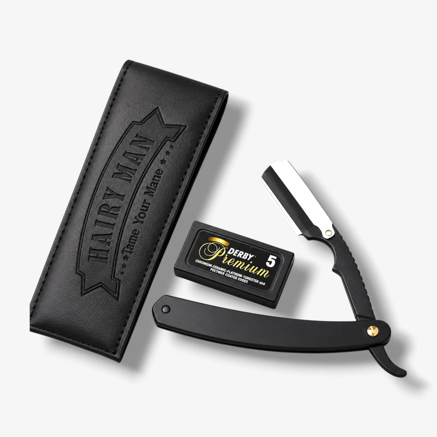 Black straight razor with Derby Premium blades and Hairy Man leather case for beard grooming
