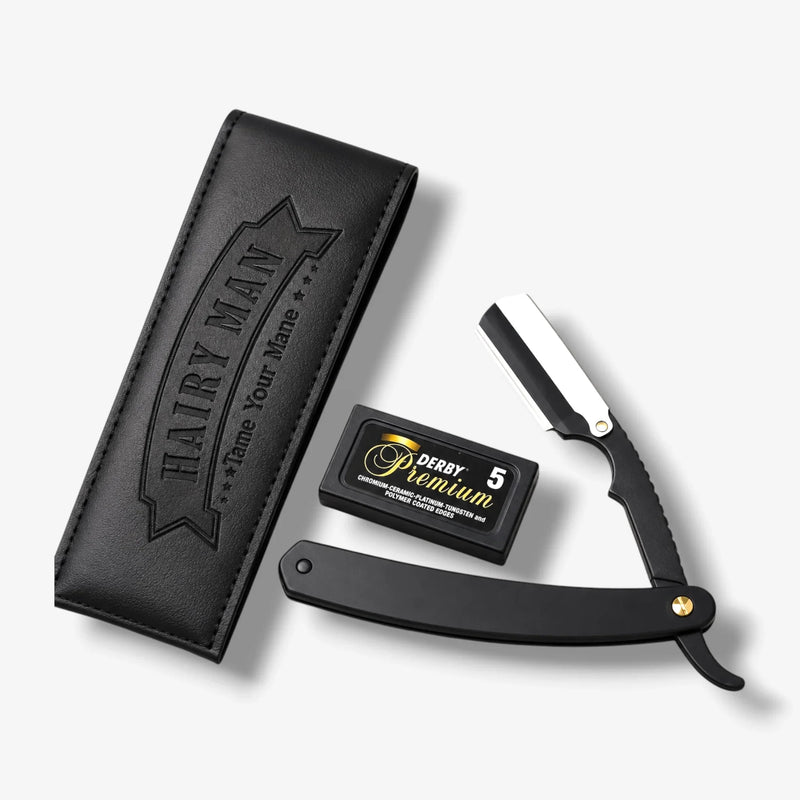 Black straight razor with Derby Premium blades and Hairy Man leather case for beard grooming