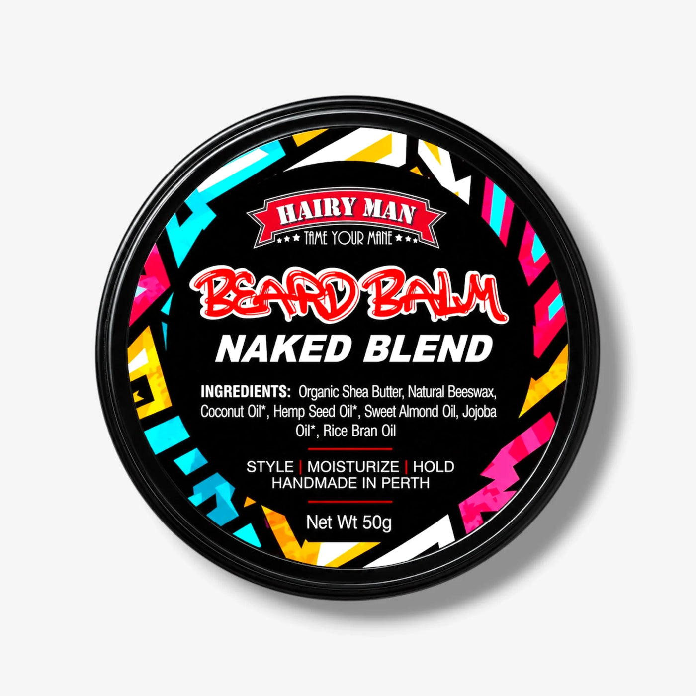 Hairy Man Beard Balm Naked Blend, 50g, handmade in Perth with natural ingredients for styling and moisturizing.