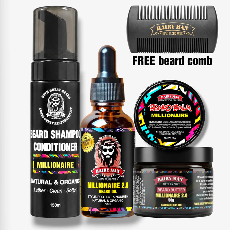 Hairy Man Millionaire beard care kit: shampoo, oil, balm, butter & free comb for natural beard grooming