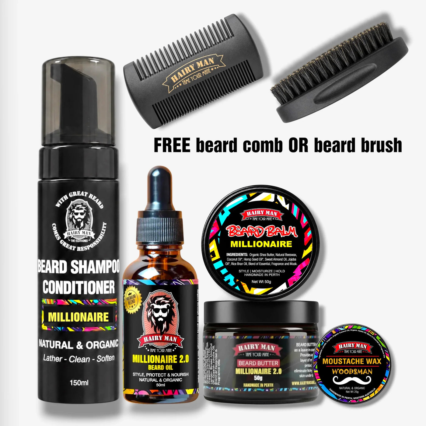 Hairy Man Millionaire beard care kit with shampoo, oil, balm, butter, wax + free comb or brush