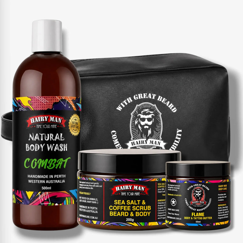 Hairy Man natural body wash, sea salt coffee scrub, and flame body butter with travel bag for beard & body care