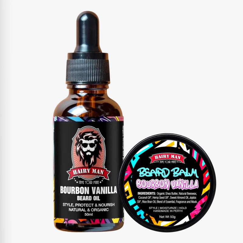 Bourbon Vanilla Beard Oil & Balm set for styling, protecting, and nourishing beards with natural organic ingredients
