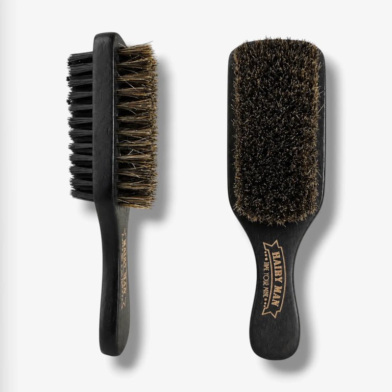 Black beard brush with boar bristles, dual-sided design for grooming and styling, engraved handle
