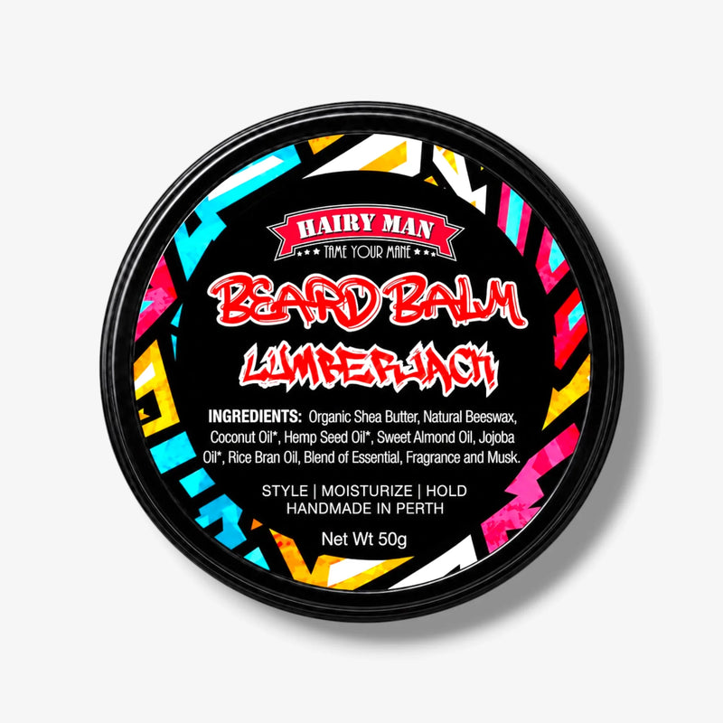 Hairy Man Lumberjack Beard Balm for styling, moisturizing, and holding beards with natural ingredients, handmade in Perth.