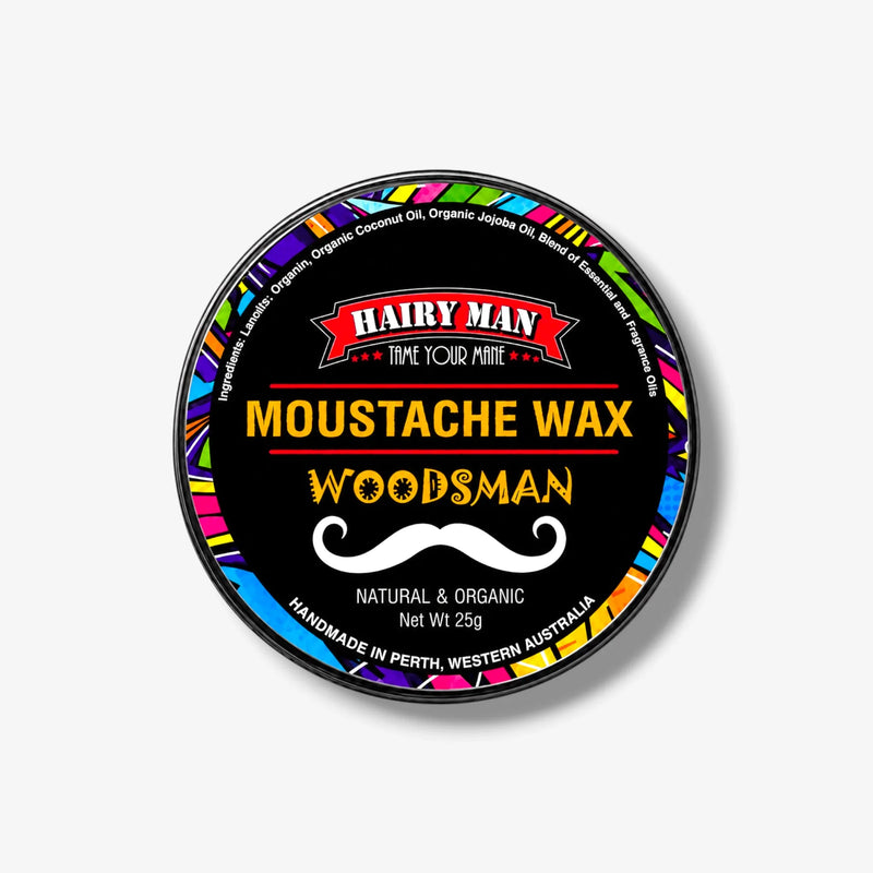 Hairy Man Woodsman Moustache Wax, natural organic beard care, handmade in Australia, 25g tin