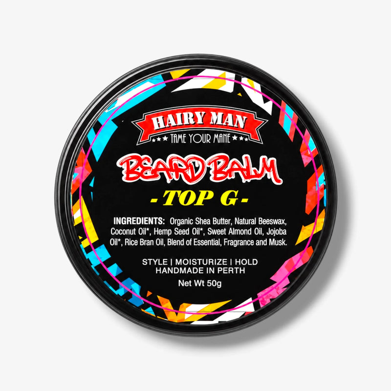 Hairy Man Beard Balm Top G for styling, moisturizing, and holding beards with natural ingredients, handmade in Perth.