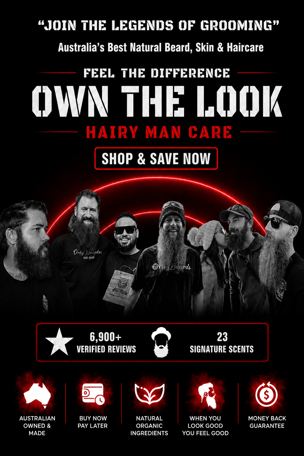 Advertisement for Hairy Man Care with bearded men and promotional text on a black background