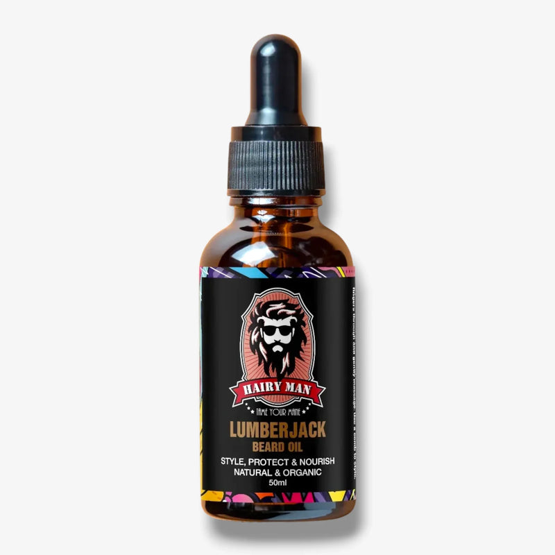 Lumberjack Beard Oil in amber bottle with dropper, natural & organic formula for styling and nourishing beards