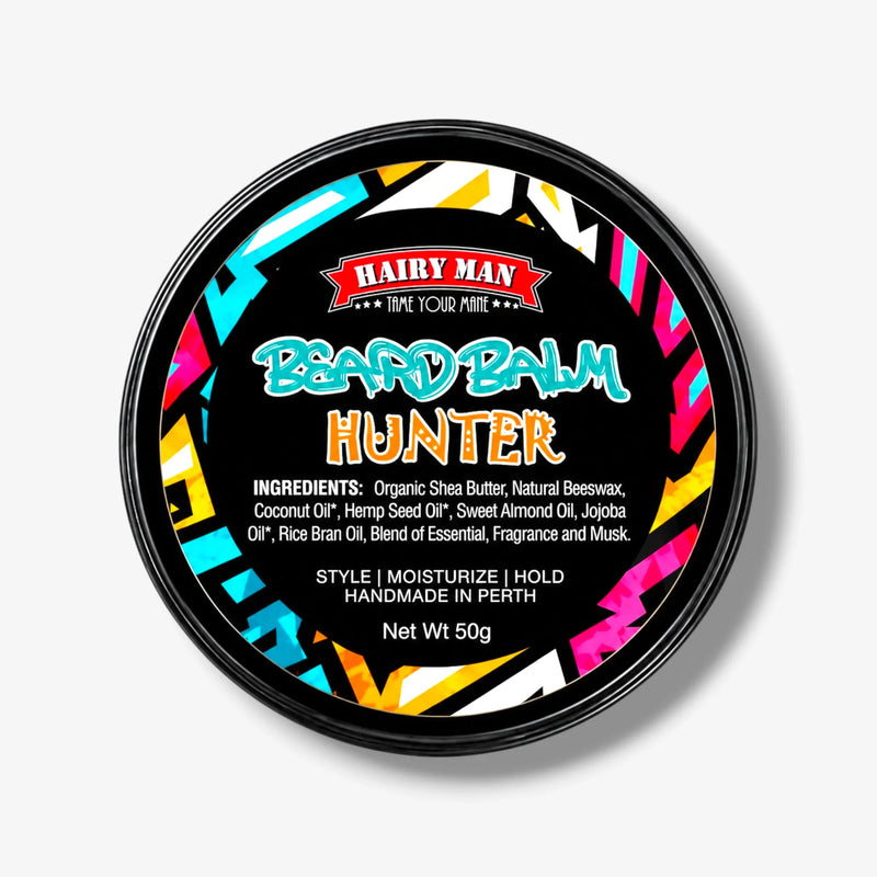 Hairy Man Hunter Beard Balm for styling, moisturizing & holding, handmade in Perth with natural ingredients