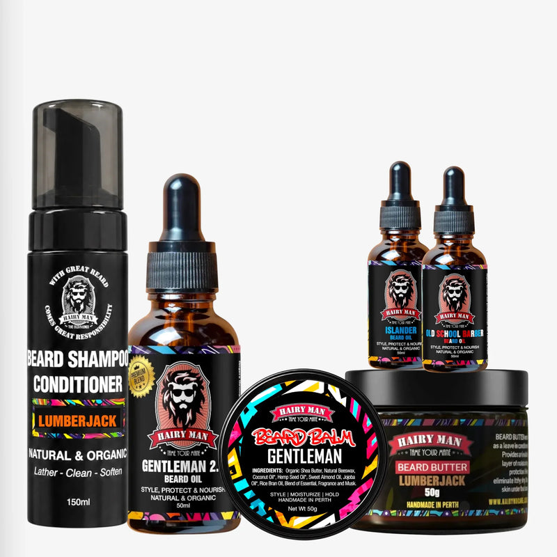 Hairy Man beard care collection: shampoo, oils, balm & butter for styling, protecting & nourishing beards naturally