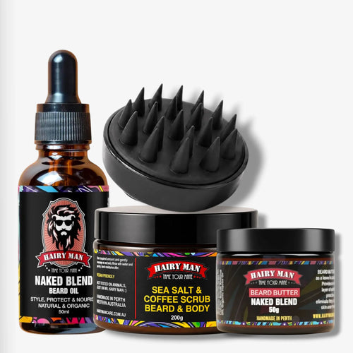 Hairy Man beard care kit: Naked Blend oil, sea salt scrub, beard butter & massage brush for grooming