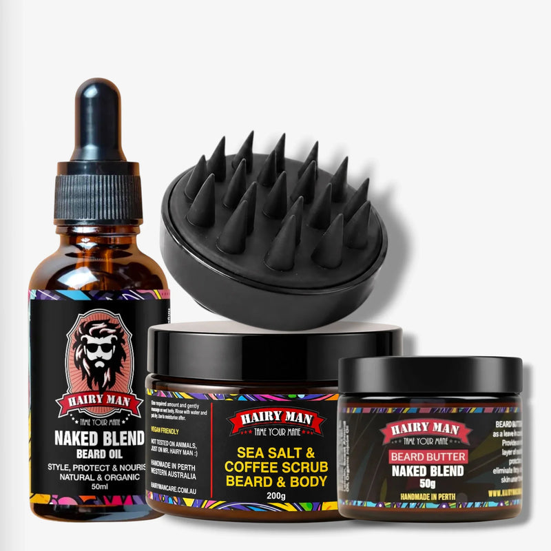 Hairy Man beard care kit: Naked Blend oil, sea salt scrub, beard butter & massage brush for grooming