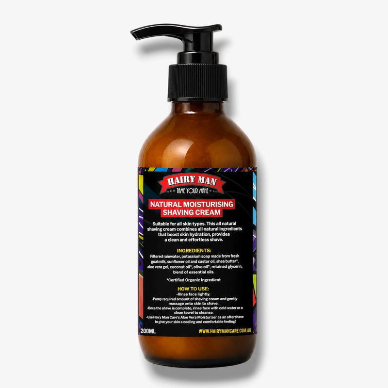 Hairy Man natural moisturising shaving cream in amber bottle with pump, 200ml, for all skin types