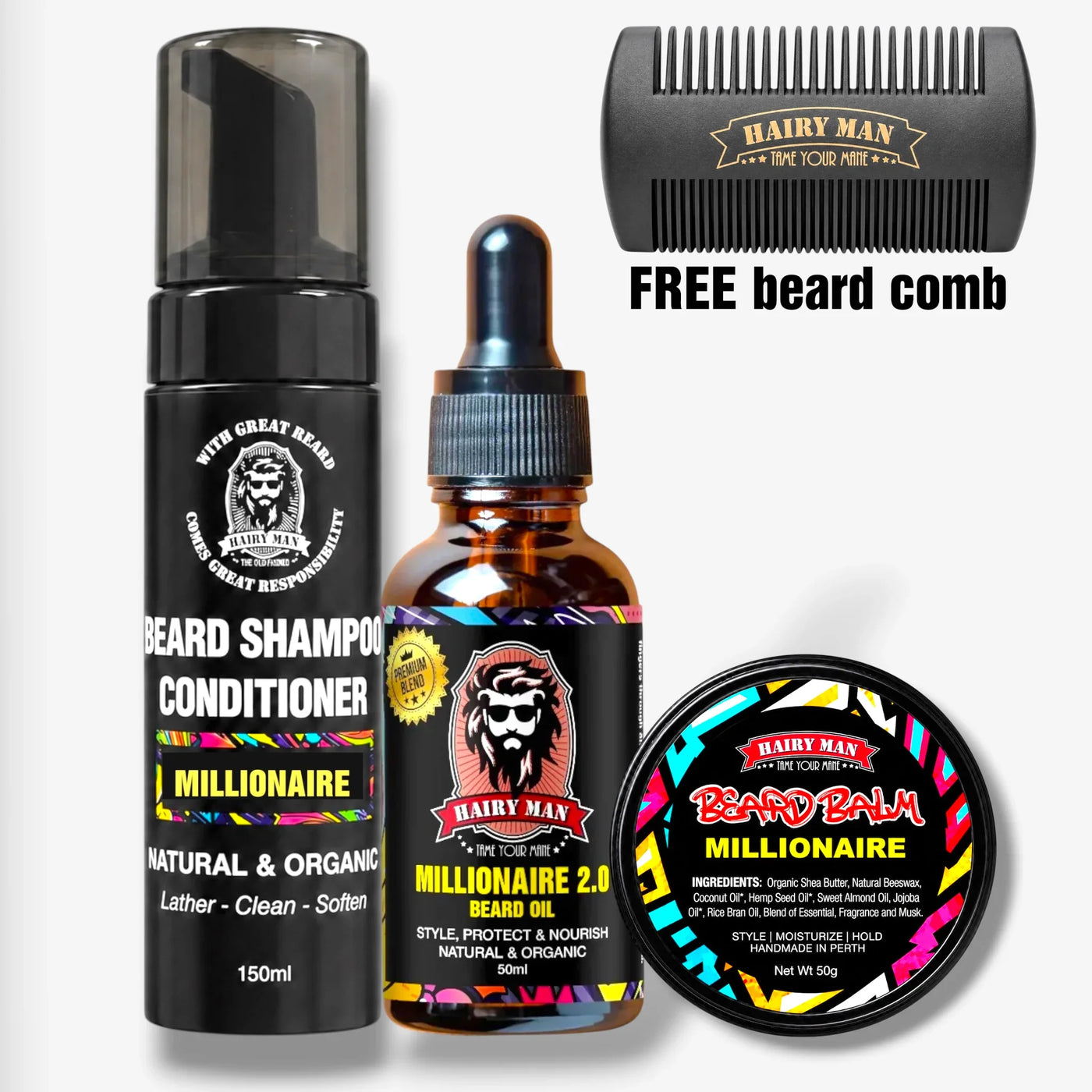 Hairy Man Millionaire beard care kit with shampoo, oil, balm & free comb, natural organic formulas for styling and nourishing