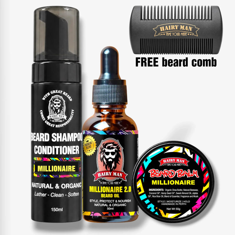 Hairy Man Millionaire beard care kit with shampoo, oil, balm & free comb, natural organic formulas for styling and nourishing